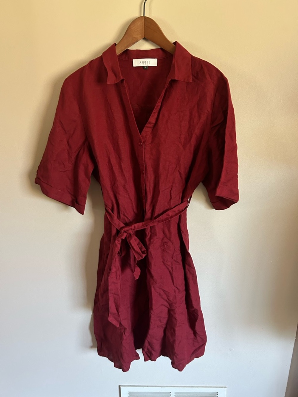 Angel | Red Linen Blend Button Down Belted Collared Dress